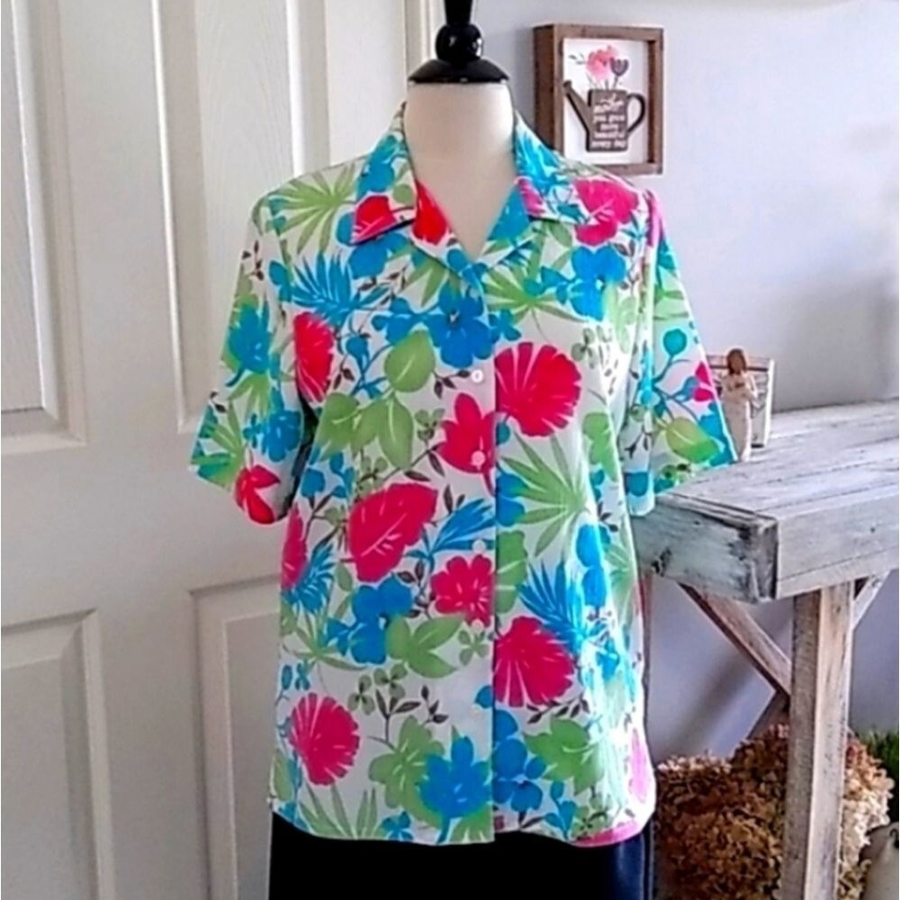 VINTAGE  Allison Daley Flower Print Blouse - Short Sleeve Size 8